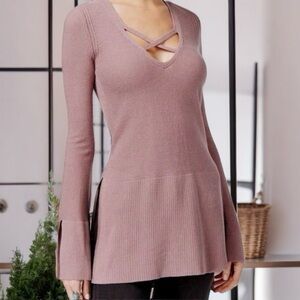 Free People Mauve Rib Knit Statement Sleeve‎ Crisscross Tunic Knit Top N2002